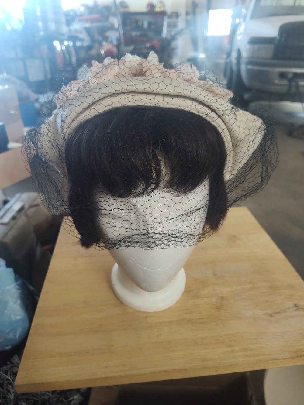 Cream Pillbox Hat with Black Veil - Elegant Women's Occasion Hat